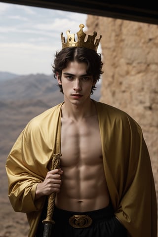 Professional hyper-realistic Instagram photography of a handsome young man from the front,((pale skin)), slim body, brown shade haircut, 

(Wearing a black suit). He is a model, he has a model pose. The man models his clothes. The model is standing in a studio background, ((golden crown on his head))


looking at the viewer, no chest hair, alone, 




realistic, masterpiece, with amazing photography, 8k, HDR, ultra-high resolution, realistic face, realistic body, realistic eyes, highly detailed eyes, perfect young face, ultra-high resolution,8k,Hdr, soft light, perfect face, cinematic light, soft box light, pal colors, unsaturated colors, abandoned_style, photo of perfect eyes, perfect leg,  perfect foot, can see the whole body, sharp focus, short hair,  male_only,  smooth, realistic skin,hdsrm, prince, looking up to the sky, sword in hand,fight scene, sword slashing,renaissance,Detailedface