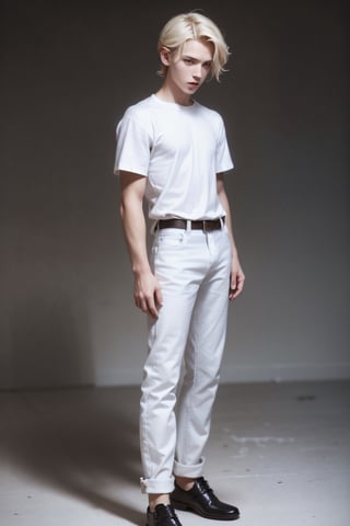 bottom, (torso body view), (full body shot)  of a 18 years old boy, tall (180cm),  ((white shirt:1.4)), ((blue jeans)), cute blond boy, short Side Fade hair, male_only, sharp skin, masterpiece, photorealistic, best quality, male, slim body, inspired by a male model, sol, Detailed side face, detailed side body, detailed side leg, 8k,  Photographic realistic masterpiece HDR high-quality image, perfect high detail image, 1boy, 
dynamic movement ((standing)),no belt, 
,flower4rmor,Wizard
