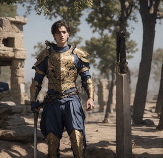 a full body shot of a 17-year-old cute Italian boy standing, wear heavy gold armor, fire sword in his hand, realistic, masterpiece, amazing photography, 8k, HDR, ultra-high resolution, realistic face, realistic body, slim body, realistic eyes, highly detailed eyes, perfect young face, wear majestic gold armor, ultra-high resolution,8k,Hdr, soft light, perfect face, cinematic light, soft box light, pal colors, unsaturated colors,abandoned_style, photo of perfect eyes,he's looking side way, perfect leg, walking outside in the nature, perfect foot, can see the whole body,handsome cute italian boy, sharp focus, short hair, fade haircut, male_only, not looking at viewer, smooth, no chest hair, pose sword fight, alone, heavy armor, realistic skin,hdsrm, fighter, looking up to the sky, sword in hand,fight scene, sword slashing,renaissance