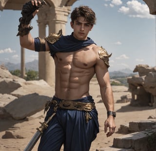 a full body shot of a 17-year-old cute Italian boy standing, wear bear chest armor, fire sword in his hand, realistic, masterpiece, amazing photography, 8k, HDR, ultra-high resolution, realistic face, realistic body, slim body, realistic eyes, highly detailed eyes, perfect young face, wear majestic gold armor, ultra-high resolution,8k,Hdr, soft light, perfect face, cinematic light, soft box light, pal colors, unsaturated colors,abandoned_style, photo of perfect eyes,he's looking side way, perfect leg, walking outside in the nature, perfect foot, can see the whole body,handsome cute italian boy, sharp focus, short hair, fade haircut, male_only, not looking at viewer, smooth, no chest hair, pose sword fight, alone, heavy armor, realistic skin,hdsrm, fighter, looking up to the sky, sword in hand,fight scene, sword slashing,renaissance