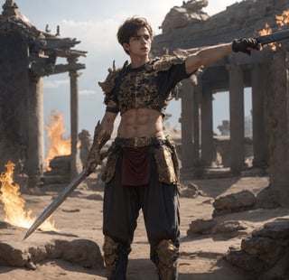 a full body shot of a 17-year-old cute Italian boy standing, wear bear chest armor, fire sword in his hand, realistic, masterpiece, amazing photography, 8k, HDR, ultra-high resolution, realistic face, realistic body, slim body, realistic eyes, highly detailed eyes, perfect young face, wear majestic gold armor, ultra-high resolution,8k,Hdr, soft light, perfect face, cinematic light, soft box light, pal colors, unsaturated colors,abandoned_style, photo of perfect eyes,he's looking side way, perfect leg, walking outside in the nature, perfect foot, can see the whole body,handsome cute italian boy, sharp focus, short hair, fade haircut, male_only, not looking at viewer, smooth, no chest hair, pose sword fight, alone, heavy armor, realistic skin,hdsrm, fighter, looking up to the sky, sword in hand,fight scene, sword slashing,renaissance