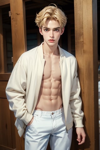 1male,blue eyes, open clothes,standing, handsome, white jacket, blue jeans, slender, 17 years old boy, blonde ,Detailedface, realistic skin, pale skin, 
