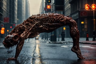 (Masterpiece, ultra detailed, hyper quality), (((wide shot))), 
Wes Anderson's Colors,
Movie screen, rich colors,
film grain,
award-winning photo, detailed, intricate,

1970s, science fiction,

 
wet and disgusting body. 

City street, New York, outdoor during the day, in the middle of the road, a man stands on the road, the man's body is rotten, mutated, twisted,




horror movies,

(((Long distance full body shot))),
, cinematic lighting, bright colors, in frame,  
,photo r3al, cinematic moviemaker style,
,disgusting body horror, monsters00d,