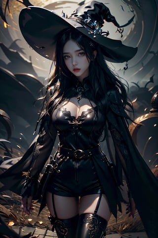 (RAW Photo, Best Quality, highly detailed, Masterpiece:1.2), ultra-high resolution, intricate detail, 16k images, depth of field, wide shot, perfect anatomy, light particles, 1girl, black hair, long Hair, slight wave, detail eyes, gorgeous witch hat, black long coat, latex shorts, latex crop top, Red belt, cleavage, big breast, black boots, (( intricately designed Dark thighhighs)), atmosphere mysterious, Facial expression Concentrated, with a slender figure and long legs, in a brightly lit environment, looking at viewer, nice hands, perfect hands, 
,Witch