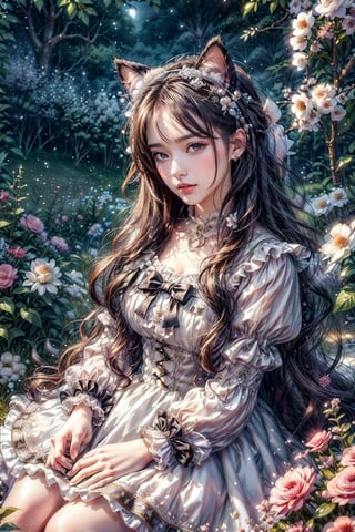 masterpiece, (real, photo real), best quality, high resolution, perfect details,
(female): solo, (perfect face), (detailed outfit), 1girl, animal ears, white long hair, cat pupils, with bubbles floating around, black long hair, wearing a purple lolita dress laced with white,clear line, Kawaii, cute, pretty, sitting in a flower field,