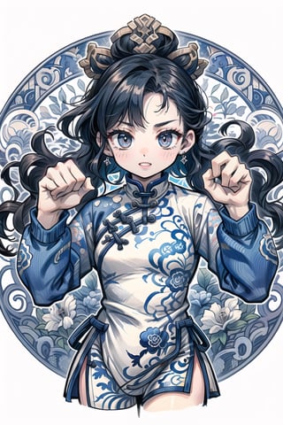 (Best Quality, Masterpiece), (((perfect anatomy))), (beautiful and detailed eyes), (realistic detailed skin texture), (detailed hair),  (((fighting stance))), 1girl, A lady with long black hair, ((Chinese outfit with blue and white pattern)), (grin smile), parted lips, ((chibi)), Transparent watercolor,