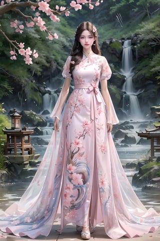 (Best Quality, Masterpiece, high resolution), (((perfect anatomy))), (beautiful and detailed eyes), (realistic detailed skin texture), (detailed hair), (real and delicate background), (wind:1.4), 1girl, solo, full body, (smile), ((blowout_long_hairstyle)), hair flower, young beauty, in the sakura flowers, sakura pink dress, dress floral print,