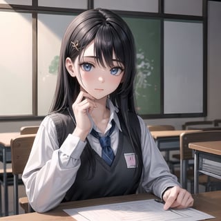 Natural Light, (Best Quality, highly detailed, Masterpiece), ((wide shot)), 
(beautiful and detailed eyes), (realistic detailed skin texture), (detailed hair), 1girl, long hair, blue eyes, shirt, black hair, hair ornament, long sleeves, sitting, school uniform, white shirt, upper body, necktie, solo focus, hairclip, collared shirt, indoors, vest, grey eyes, blurry background, looking away, desk, sweater vest, head rest, classroom, ((perfect anatomy)), ((Ancient Chinese painting)), (clean outline), (sketch style line art),