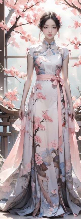 (Best Quality, Masterpiece, high resolution), (((perfect anatomy))), (beautiful and detailed eyes), (realistic detailed skin texture), (detailed hair), (real and delicate background), 1girl, solo, full body, (smile), young beauty, in the sakura flowers, arms_crossed, sakura pink dress, dress floral print,