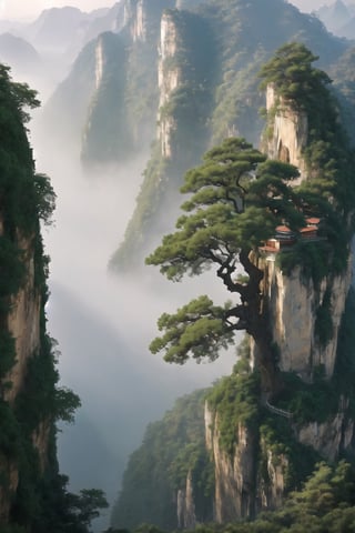 Chinese-style old landscape painting, with cliffs in the distance, towering waterfalls, and a big tree hanging down from top to bottom, with delicate brushstrokes and exquisite details, high-definition and high-resolution paintings, master-level composition, and mysterious. Smoky atmosphere.