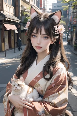 Natural Light, (Best Quality, highly detailed, Masterpiece:1.2), 16k, depth of field, ((wide shot)), (beautiful and detailed eyes), (realistic detailed skin texture), (detailed hair), (Fantasy aesthetic style), (realistic light and shadow), (real and delicate background), anime cat with headdress holding a cat in her arms on the street, 1girl, animal ears, cat, long hair, animal ear fluff, animal, solo, hair ornament, japanese clothes, looking at viewer, cat ears, hair flower, flower, long sleeves, blush, kimono, bangs, red kimono, floral print, parted lips, holding, brown eyes, upper body, 