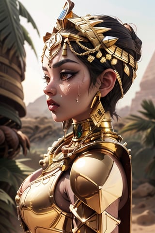 Cleopatra, gold, 3D, cute, Realism, revealing gold armor, blazing hot desert, dripping sweat, brown eyes, in battle, Side view, Egyptian, mouth shut