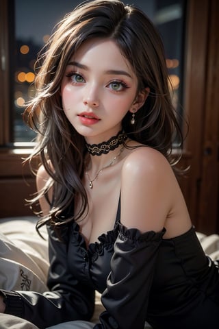 (a girl lying in bed:1.4), (asian european girl, gray hair:1.3), russian, (night dress:1.47), (gray long hair, gray hair:1.51), (boost hair color), (very thick top hair) (extremely long hair), (green eyes:0.88), (make up, eyeshadow, mascara, eyeliner), (high-bridged nose), eyeshadow, lips_filler, (parted lips slightly showing two upper front teeth), blushing, makeup, earrings, (black choker), moles, (medium round breasts:0.99), huge round ass, (wide waist and hips:0.8), thick thighs), ((light fair skin tone)), masterpiece, ultradetailed, high_res, 8K, HD, lifelike rendering, reality based rendering, unreal engine, intricate details, solo, Detailedface, Realism, Raw photo, Photography, Photorealism, Photoshoot, 1 girl, Young beauty spirit, Best face ever in the world, Enhance, Detailedface, perfect,1 girl, (8k sharp focus), ultra-photorealism, More Detail, Masterpiece, Color Booster, 