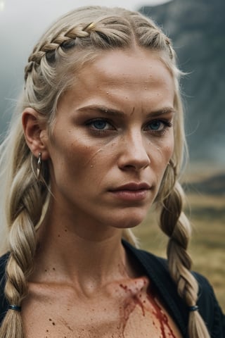 4k, highly detailed, realistic, extremely high quality, RAW photograph, viking woman, white clear skin, gorgeous, beautiful, highly attractive, 18 year old girl, long platinum blonde hair, viking braids, deep blue eyes viking teen girl, intricate body, detailed photorealistic, platinum blonde weird hair with undercut, heavy cliffs at background, steampunk style, masterpiece, ultra Detailed, hyper Quality, 1 Nordic Viking women Warrior, braded hair, She is wielding a axe in one hand and a shield in the other, viking girl in burning village, warriors attacking, fighting, blood, mud, raining, crying, anger, screams, smoke, Wide jaw, wide mouth, (Small head), full lips: 1.2, [small dainty nose: 1.1], [long legs : 1.2], white skin: 1.3, proportional face, cinematic lighting, 8k, sharp focus, dramatic lighting, ambient lighting, sidelighting, Exquisite details and textures, perfect textures, thick brushstrokes, shaders, closed mouth.