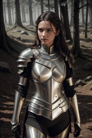 Woman, individual, beautiful, tall, green eyes, from the front, with long and voluminous very light brownhair with waves, which moves slightly with the wind, perfect fingers, perfect hands, staring at the observer, with white skin, sporty body, thin waist, marked hips, dressed in medieval battle armor, polished knight armor, KNIGHT SWORD with gold details on the handle, wielded with both hands, battle stance, threatening attitude, confident, defiant, daring, with a bow (arrow weapon ) on the ground, with a quiver with some arrows (inside the quiver) on his back, no helmet of armor, image of the woman's knees up, with a leafy forest behind, dead men in armor on the ground behind , with stuck arrows and blood, ultra realistic reflections of the sun on the armor, extremely realistic reflections of the sun on the metal, with an unreal engine 5, as real as possible, difficult to distinguish from reality, movie lighting, cinematic lighting, 8k, good face detail, very soft face shadows, preserve details (figure, face), show entire subject, clear face, good anatomy, (full, whole body): 5.0, minimum distance of 15 meters al subject: 20, detailed (eyes, lips, hands, face), realistic nose, distant detail, soft light, soft shadows: 3.0, rich details, Preserve detail, Good scene exposure: 1.8, Global light, Detailed illustration, rich detail, subdetail, harmonious colors (shallow depth of field, sharp focus): 20, proportional, beautiful detailed illustration, intricate and detailed fantasy art, stunning digital illustration, intricate detailed illustration, intricate environments, exquisite digital illustration, intricately detailed illustration , beautiful digital illustration, amazingly detailed art style, extremely detailed illustrations, super detailed color art, wonderful compositions, vintage, clear, sharp, HD, high definition, hyperdealed, realistic, isometric view, cinematic nature, 35mm film.