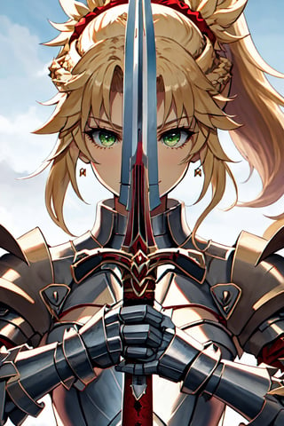 masterpiece, best quality, 1girl, solo, blonde_hair, long_hair, ponytail, green_eyes, braid, scrunchie, hair_ornament, red_scrunchie, bangs, hair_scrunchie, breasts, smile, small_breasts, armor, looking_at_viewer, sword, gauntlets, weapon,mordred_fgo swordup, looking at viewer,  noelledef, close-up, yellow eyes,swordup,mordred_fgo