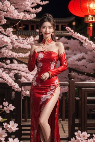 girl, kpop idol, bare shoulders, long hair, best quality, hair ornament:1.35, jewelry, earrings, cherry blossoms, lantern light, depth of field, detailed face, face focus, ribbon_trim, looking at viewer:1.25, shiny skin, long sleeves, big smile , thick lips, hands on lips, blurry background:1.2, Chinese style, front_view, full body shots:1.38, Chinese bikini qipao, Happy New Year 