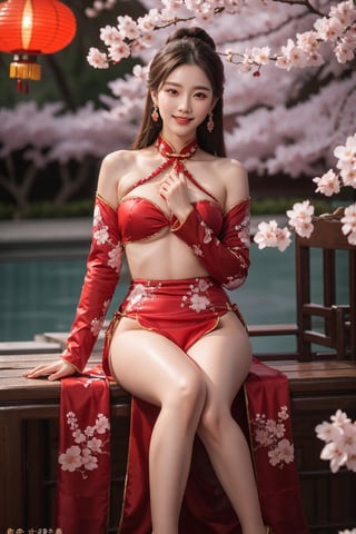 girl, kpop idol, bare shoulders, long hair, best quality, hair ornament:1.35, jewelry, earrings, cherry blossoms, lantern light, depth of field, detailed face, face focus, ribbon_trim, looking at viewer:1.25, shiny skin, long sleeves, big smile , thick lips, hands on lips, blurry background:1.2, Chinese style, front_view, full body shots:1.38, Chinese bikini qipao, Happy New Year 