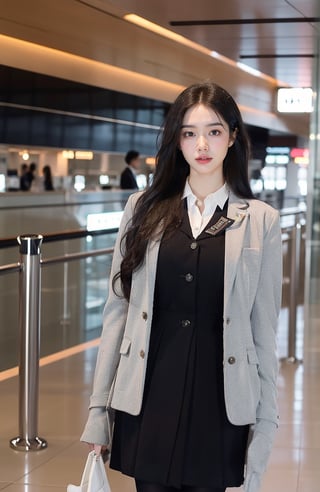 4k,best quality,((Flight attendant uniform)),masterpiece,18yo 1girl, (Beautiful and detailed eyes),Detailed face, detailed eyes, double eyelids ,thin face, real hands, Slender legs, whole body,  black hair, real person,
﻿at the airport