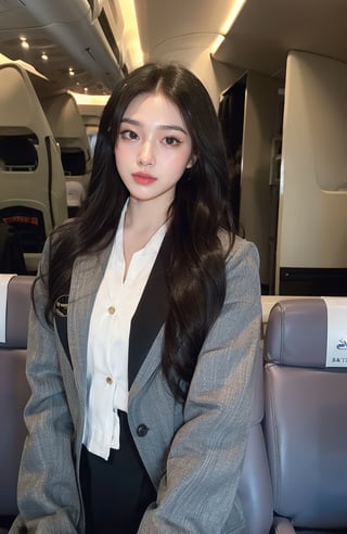 4k,best quality,((flight attendant uniform)),(( flight attendant)),masterpiece,18yo 1girl, (Beautiful and detailed eyes),Detailed face, detailed eyes, double eyelids ,thin face, real hands, Slender legs, whole body,  black hair, real person, inside the airplane backgroun