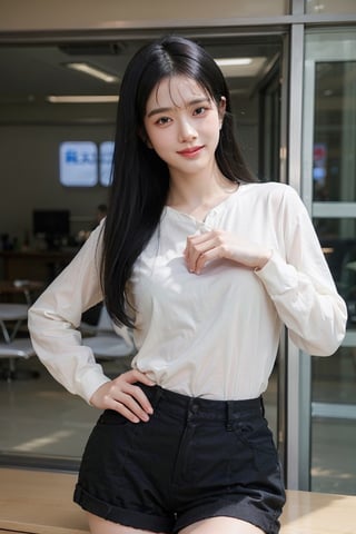 background is office,
18 yo, 1 girl, beautiful chinese girl,looking at viewer
wearing white collared long sleeve shirts,short pants, smile,solo, {beautiful and detailed eyes}, dark eyes, calm expression, delicate facial fea
tures, ((model pose)), Glamor body type, (dark hair:1.2), very_long_hair, hair past hip, bangs, straight hair, flim grain, realhands, masterpiece, Best Quality, 14k, photorealistic, ultra-detailed, finely detailed, high resolution, perfect dynamic composition, beautiful detailed eyes, eye smile, sharp-focus, full_body