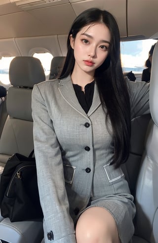 4k,best quality,((flight attendant uniform)),(( flight attendant)),masterpiece,18yo 1girl, (Beautiful and detailed eyes),Detailed face, detailed eyes, double eyelids ,thin face, real hands, Slender legs, whole body,  black hair, real person, inside the airplane backgroun