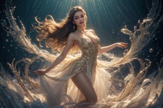 a naked woman's ethereal movements are enhanced by a dazzling white and gold dress that hugs her graceful form. The skirt of the dress is an enchanting sight to behold, as it transforms into a glorious splash of ivory liquid milk, reminiscent of flowing milk. Within this liquid cascade, golden droplets glisten and sparkle, adding an extra touch of magic to the scene. As the woman pirouettes and leaps, the liquid skirt follows her every motion, creating an otherworldly visual spectacle. It is as if she is dancing amidst a celestial realm, where liquid and gold harmoniously blend to create an exquisite masterpiece. The photograph captures a fleeting moment of elegance, leaving the viewer captivated by the woman's artistry and the ethereal beauty of her attire.  Beautiful hand and clear details , full body cover of milk , looks like a dress.1 female only, 20 years old ,A blonde beauty, wearing a dress make by splash of milk, transformed into a beautiful dress. 

masterpiece ,dark background,ultra highres, ultra detailed, More detail , best quality, only 1 key light front of dim light from top, rim light , lower Angle view ,sharpen edge light ,offcenter strong photo studio light, Exquisite details and textures, cinematic telelens shot , vibrant color,   lips seductive open, perfect teeth, show D cup ,natural saggy medium breasts ,necklace , Body slightly forward, seductive face, erotic smile, eye contact, offcenter look at viewer, full body focus, detailed eyes and face, detailed skin texture and fabric rendering, detailed details, white tight soft tulle , neck bare shoulders , flowy silhoutte , hair blown by the breeze, delicate facial features ,Perfect curve hip line ,show butt ,Realism, dark background ,Extremely REALISTIC, best quality.