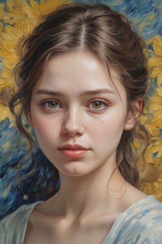 highly detailed painting, woman, 20-25 years old, stunning, delicate features, in the style of Van Gogh, slight smile, delicate brushstrokes, highly-detailed --ar 1:2 --stylize 750