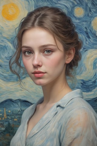 highly detailed painting, woman, 20-25 years old, stunning, delicate features, in the style of Van Gogh, slight smile, delicate brushstrokes, highly-detailed --ar 1:2 --stylize 750
