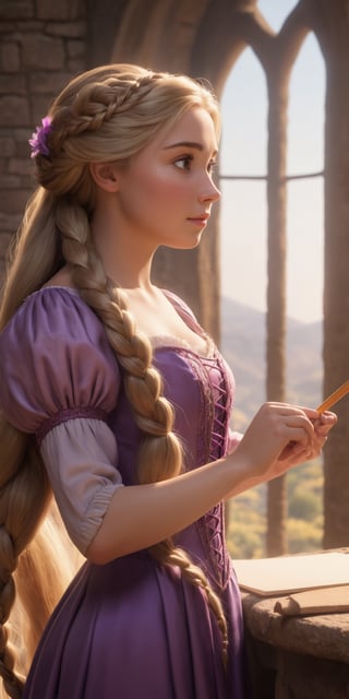 Rapunzel from Tangled like a gorgeous real girl with a braid who is drawing her tower, ultra realistic 8k, natural lighting, sunlight, masterpiece, photorealism, epic composition