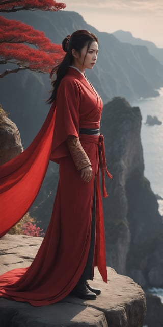  hyper-realistically drawn fantasy japan china asia long dress costumes, beautiful female assassin standing on the edge of a cliff, picturesque seaside cliffs, Red and light red, symbolism, detailed carvings, strong facial expressions, complex style, comic shots soft light, shallow depth of field, sharp focus, surrealism, cinematic lighting, realism, film, film quality rendering. 