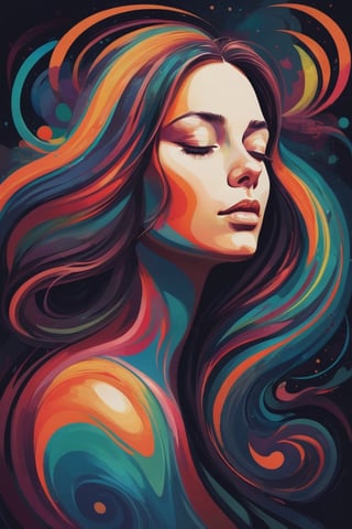 vector illustration of a woman with long hair, her head tilted back and eyes closed in contemplation, surrounded by swirling lines of vibrant colors that form an abstract representation of nature's beauty, colorful color palette against a dark background --ar 1:2 --stylize 750