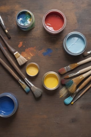 top view photograph, artist's table in studio, table is set with a variety of paint brushes, a palette with vibrant colors, jar of cleaning water, background is an old, paint-stained wooden table --ar 9:16 --style raw