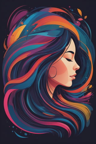 vector illustration of a woman with long hair, her head tilted back and eyes closed in contemplation, surrounded by swirling lines of vibrant colors that form an abstract representation of nature's beauty, colorful color palette against a dark background --ar 1:2 --stylize 750