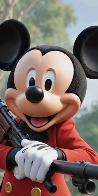 (best quality, master:1.2), (realistic, photo-realistic:1.37), ultra detailed,  mickey mouse hold a rail gun, trending on artgerm, hyper realistic, focused, extreme details, unreal engine 5, cinematic, masterpiece, art by studio ghibli, intricate artwork by john william turner, rich and vibrant in color, exceptionally realistic, in a complex background, shot in 8k 16k technology, a masterpiece, Enhance,