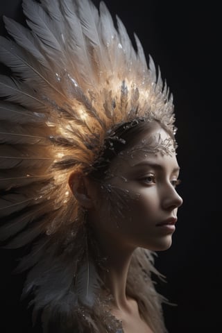 an wooden slice made out of glowing crystals with a women face illuminated, in the style of surreal fashion photography, fine feather details, organic nature-inspired forms, strong contrast between light and dark, ephemeral installations, detailed nature depictions --ar 4:5 --s 550