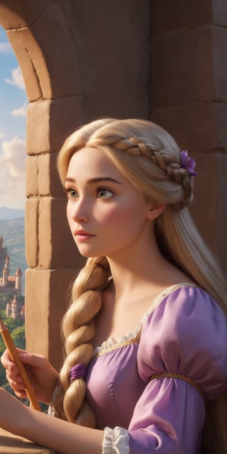 Rapunzel from Tangled like a gorgeous real girl with a braid who is drawing her tower, ultra realistic 8k, natural lighting, sunlight, masterpiece, photorealism, epic composition