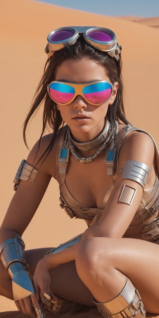 female character wearing goggles while sitting in the desert, in the style of cyberpunk imagery, realistic hyper-detailed portraits, womancore, metallic accents, outrun, hyper-realistic pop, angelcore --ar 73:128 --stylize 750 --niji 6
