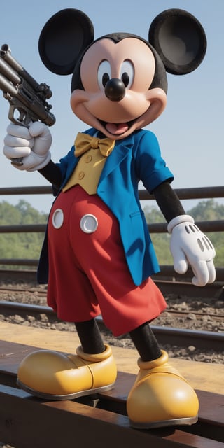 (best quality, master:1.2), (realistic, photo-realistic:1.37), ultra detailed,  mickey mouse hold a rail gun, trending on artgerm, hyper realistic, focused, extreme details, unreal engine 5, cinematic, masterpiece, art by studio ghibli, intricate artwork by john william turner, rich and vibrant in color, exceptionally realistic, in a complex background, shot in 8k 16k technology, a masterpiece, Enhance,