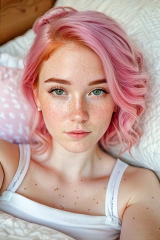 A highly detailed, realistic selfie taken by a girl with pink hair and subtle freckles, lying on her bed. The photo highlights her face, upper body, and the cozy bed setting, all in a bright and intimate atmosphere. Created Using: precision photography, intense detail capture, luminous lighting, personal and intimate angle, realistic hair and skin textures, comfortable bed setting --ar 9:16 --v 6.0