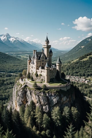 Wallpaper of a castle among the mountains hidden in the forest with a huge bottomless pit surrounding it