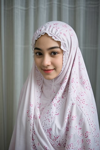 (mukena), 1 girl, 25 year, smile, using a PRAYER HIJAB frilly,naked,expose breast, white background, real_life, from_behind_view