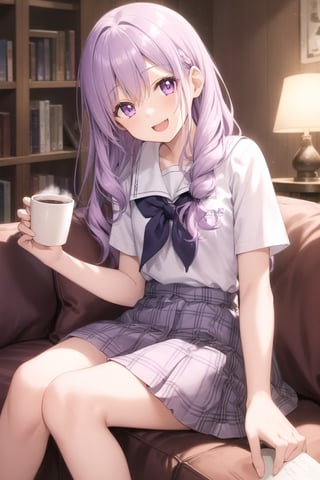 a person relaxing in a living room, ((drinking hot cocoa)), cozy atmosphere, warm lighting, comfortable sofa, bookshelves, coffee table, fluffy rug, winter setting, detailed illustration,
cocoa on table,

pastel colors:1.2,(8k,best quality), (highly detailed beautiful face and eyes),
tilt head, outdoor, ((warming sunlight)),
BREAK ((17 years old girl)), solo, 1girl, (light purple hair:1.1), long hair:1.1, wavy hair:1.1, ((flat chest)), (light purple eyes:1.1), hime cut, ((happy smile eyes:1.1)), ((cute eyes, ;>, ;d)), ((short sleeve white shirt)), ((school uniform)), ((navy skirt in plaid skirt)),