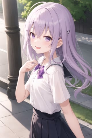 from front,pastel colors:1.2,(8k,best quality), highly detailed beautiful face and eyes, morning,((jk)), scratching own head, walking, outdoor,
17yo,solo,1girl, light purple hair:1.1,long hair:1.1,wavy hair:1.1,flat chest,light purple eyes,hime cut,happy smile,cute eyes, ;d, ;>,(short sleeve white blouse), school uniform,((hairpin)),