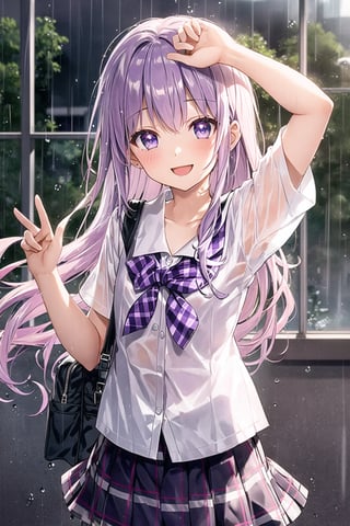 high resolution, bokeh effect, window, (rainy), (a little rain drops),
pastel colors:1.2,(8k,best quality), (highly detailed beautiful face and eyes),
tilt head, classroom,
BREAK ((17 years old girl)), solo, 1girl, (light purple hair:1.1), long hair:1.1, wavy hair:1.1, ((flat chest)), (light purple eyes:1.1), hime cut, ((happy smile eyes:1.1)), ((cute eyes, ;>, ;d)), ((short sleeve white shirt)), ((school uniform)), ((navy skirt in plaid skirt)), waving hands, a school bag,