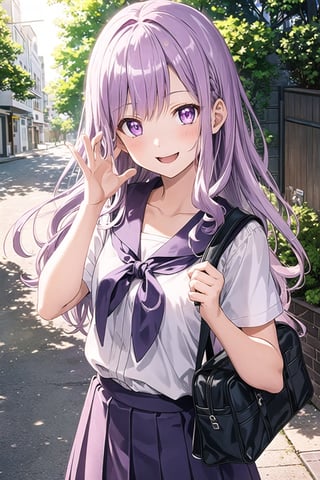 a girl walking to school in the morning sunlight, anime style, wearing a school uniform, carrying a school bag, bright and warm atmosphere, detailed background, rays of sunlight, realistic shading, high resolution,

soft glowing light, bokeh effect, twilight, anime style, highly detailed,
a character with eyes narrowed from smiling, anime style, joyful expression, high detail, vibrant colors, 8k resolution, highly detailed face, sharp features, Extending a hand, ((morning sunlight)),
pastel colors:1.2,(8k,best quality), (highly detailed beautiful face and eyes),
waving hand, hand up, tilt head, a school bag,
BREAK ((cute eyes)), (cowwboy shot), (looking at viwe), school uniform, short sleeve white blouse,
(light purple eyes:1.3),(17 years old girl), (1girl), (light purple hair:1.3),(long hair:1.1),wavy hair:1.1,(flat chest),hime cut,cute eyes,;d, happy smile,smile eyes,happy smile,cute eyes, ;>, ;d,
