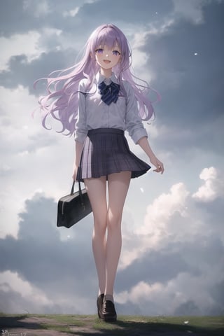surrounded by pastel colored flowers, ethereal atmosphere, highly detailed, intricate, soft lighting, (dreamy:1.2), detailed floral arrangement, elegant,
dark sky, overcast, twilight, clouds, gloomy atmosphere, subtle colors, soft shadows, low contrast, realistic, detailed,


pastel colors:1.2,(8k,best quality), (highly detailed beautiful face and eyes), ((cloudy:1.5)), ((cloud:1.5)), 
(backlighting),((lens flare)),(spot light),faint light,(light particles),dynamic lighting,cinematic lighting,
BREAK ((17 years old girl)), solo, 1girl, (light purple hair:1.1), long hair:1.1, wavy hair:1.1, ((flat chest)), (light purple eyes:1.1), hime cut, ((happy smile eyes:1.1)), ((cute eyes, ;>, ;d)), ((short sleeve white shirt)), ((school uniform)), ((navy skirt in plaid skirt)), waving hands, a school bag, ((full body)),