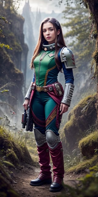 A hyperrealistic young girl in full height, with long straight hair, beautiful green eyes, parted lips, cute expressive captivating look, the atmosphere of the world of Warhammer 40,000, the girl is wearing fantastic clothes from the universe of Warhammer 40,000, a space marine combat suit, a girl against the background of the nature of a wild unknown planet,