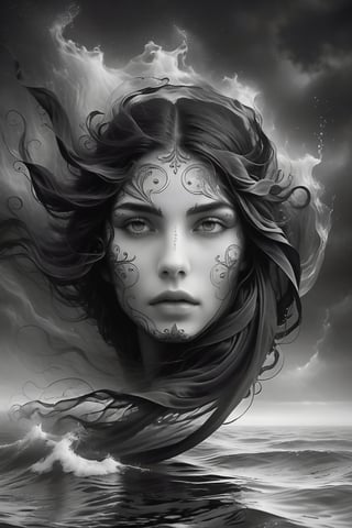 A stunning woman with dark hair, shrouded in mystery, floats serenely beneath the surface of a mystical sea. Black and white tones dominate the scene. haze  envelop her ethereal form. Her head tilted back, she gazes upwards with open eyes that convey intense emotions: pain or sorrow. Finely detailed features on her face, including expressive eyes and intricate facial expressions, draw the viewer's attention to her enigmatic allure. high contrast, 12K,Insta Model,DonMW15pXL,more detail XL