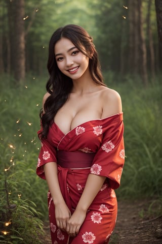 (1girl, medium breast, off-shoulder red yukata, bashful, in love, drunk, fireflies in background, alluring smile, beautiful small hands, photo of perfecteyes eyes), masterpiece, best quality, high resolution, UHD, realism, realistic, depth of field, wide view, raytraced, full length body, mystical, luminous, translucent, beautiful, stunning, a mythical being exuding energy, textures, breathtaking beauty, pure perfection, with a divine presence, unforgettable, and impressive.